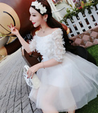 韩国一字领露肩连衣裙夏中长款白色公主裙短袖主持人聚会宴会礼服