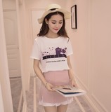 夏季女装韩国版学生宽松卡通印花圆领短袖雪纺衫T恤上衣打底小衫