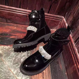 2016冬季新款张智妍同款靴子真皮圆头短靴平底厚底漆皮女士骑士靴