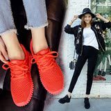2016秋季新款红色运动鞋女韩版系带板鞋休闲透气网面厚底跑步鞋潮