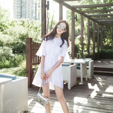 2016韩国夏季女装新款喇叭袖衬衫纯棉高腰白色连衣裙女中裙a字裙