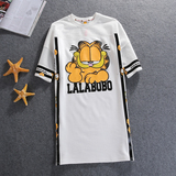 拉拉波波家个性创意纯棉印染加菲猫中长款T恤女夏镂空拼接五分短