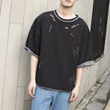 夏季韩版潮男士破洞五分袖短袖T恤男 日系原宿风复古学生宽松中袖