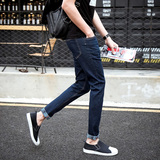 夏季弹力男士牛仔裤深色直筒韩版修身款小脚裤男青年薄款长裤子潮