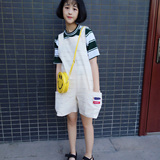 韩国ulzzang减龄可爱学院风背带裤女夏学生宽松印花口袋休闲短裤