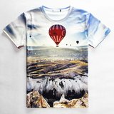 欧美风格3D热气球圆领印花短袖T恤男个性3d立体风景图案上衣半袖