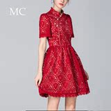 MC欧美女装 红色高腰显瘦短袖改良少女旗袍礼服蕾丝蓬蓬连衣裙