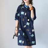 3590#飞鸟*专柜同款蓝色夏季女装新 衬衫款单排扣A型小翻领连衣裙