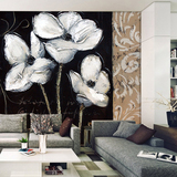 欧式手绘黑白艺术墙纸卧室客厅背景墙壁纸大型咖啡厅油画花卉壁画
