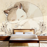 温馨简约手绘猫咪墙纸卧室客厅背景墙壁纸大型可爱卡通儿童房壁画