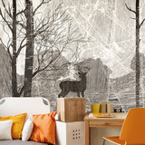 北欧复古手绘麋鹿壁纸卧室客厅沙发背景墙纸大型抽象艺术树林壁画