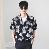 东大门正品韩国男装 密集大菠萝图案宽松短袖衬衫 薄款韩版潮装