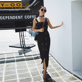ZZWOO无袖气质性感连衣裙女夏2016新款黑色吊带中长款女装A字裙子