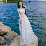 重工刺绣勾花蕾丝连衣裙白色短袖大摆长裙波西米亚仙女海边度假裙
