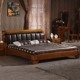实木床 纯实木床榆木床 1.8米双人床 中式实木厚重床软靠背真皮床