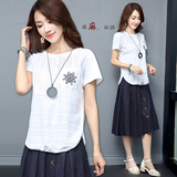 2016新款夏装韩版女装纯白色刺绣棉麻t恤女士短袖衫上衣宽松小衫