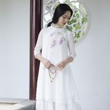 中国风改良复古女装 手绘写意紫藤花 双层雪纺中式上衣