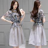 2016夏季韩版气质印花雪纺连衣裙短袖修身显瘦两件套装欧根网纱裙