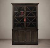 欧美式实木橡木推拉式玻璃门大书柜美式宜家风格四门餐边柜展示柜
