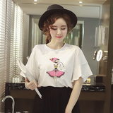 蘑菇街荷叶边短袖T恤女夏季韩版卡通印花纯棉上衣甜美宽松半截袖