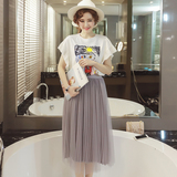 蘑菇街套装裙女夏韩版卡通印花荷叶边短袖蓬蓬网纱裙两件套连衣裙