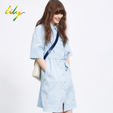 Lily2016春新款女装欧美纯色五分袖收腰衬衫连衣裙116140C7101