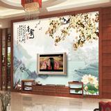 3D立体墙纸现代中式壁纸唐韵樱花山水情客厅电视背景墙无缝壁画