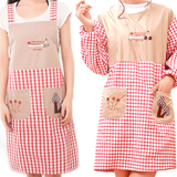 幸福三棵树围裙女韩版棉麻格子厨房长袖成人罩衣工作服大人反穿衣
