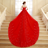 红色婚纱礼服长拖尾2016新款夏季韩式抹胸修身显瘦新娘奢华蕾丝花