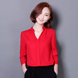 2016夏韩版新款女装纯色显瘦T恤V领雪纺衫女短款宽松长袖上衣小衫