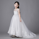 中大童钢琴裙表演服女儿童婚纱裙礼服小孩白色拖尾公主裙夏季童装