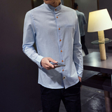 春季男士长袖韩版亚麻衬衫青年纯色商务休闲修身型薄款衬衣潮正装
