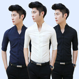夏季韩版修身时尚五分袖V领衬衣男装青少年个性休闲半短袖衬衫潮
