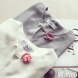 warmo2016夏季新款韩版修身显瘦短袖雪纺衫珍珠清新纯色V领上衣女