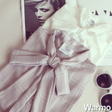 warmo2016春季新款韩版修身显瘦蝴蝶结衬衫格子长袖雪纺衫气质女