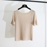 夏季韩版纯色一字领喇叭袖修身显瘦打底针织衫麻料短袖T恤上衣女