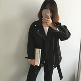 2016春装新款韩国原单宽松显瘦黑色机车皮衣夹克街头BF风短外套女