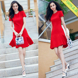 明星同款夏装韩版加厚女连衣裙夏季2016新款大红色短袖打底鱼尾裙