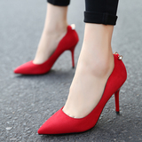 2016新款绒面浅口高跟鞋红色婚鞋细跟磨砂OL工作鞋性感尖头单鞋女