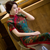 真丝旗袍长款修身复古中式传统大码妈妈装双层香云纱改良宴会礼服