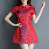 2016新款大红色民族风短袖连衣裙夏立领修身显瘦印花气质女装短裙
