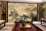中式客厅茶室背景墙纸壁纸书房大型壁画无纺布六鹤同春松鹤图山水