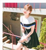 2016韩国新款学院风针织短袖条纹T恤女学生修身套头针织打底衫夏