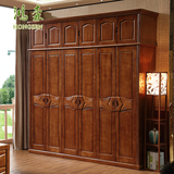 现代中式橡木全实木衣柜3三4四5五6六门大衣橱平开门式加顶储物柜