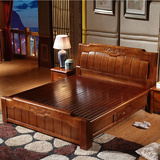 全实木床白色1.8米中式橡木床双人床雕花婚床高箱储物床卧室家具