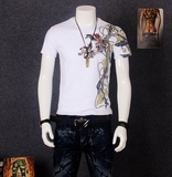 中国风男装男士刺绣短袖T恤韩版修身圆领纯棉加大码半袖凤凰印花