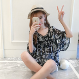 韩国夏装新款女小清新碎花系带喇叭袖雪纺衫宽松短款透视小衫上衣
