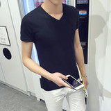 大码韩版男士汗衫短袖V领纯色棉修身款打底衫春装上衣小衫黑色t恤