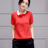 2016夏季韩版修身百搭娃娃领短袖大码棉麻条纹上衣雪纺衬衫女