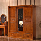 中式橡木实木衣柜卧室储物柜子三门推拉式大衣柜带大镜子特价包邮